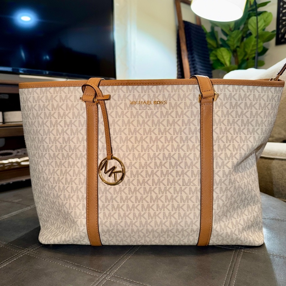 Michael Kors Cream and Brown MK Signature Tote
